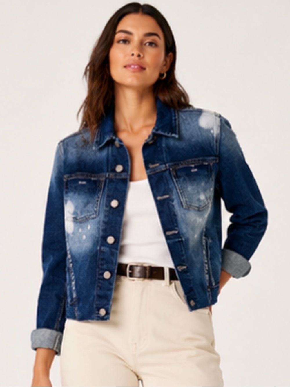 L'Agence Janelle Jean Jacket Raw Hem Slim Fit Montana Blue Denim Spotted Size M